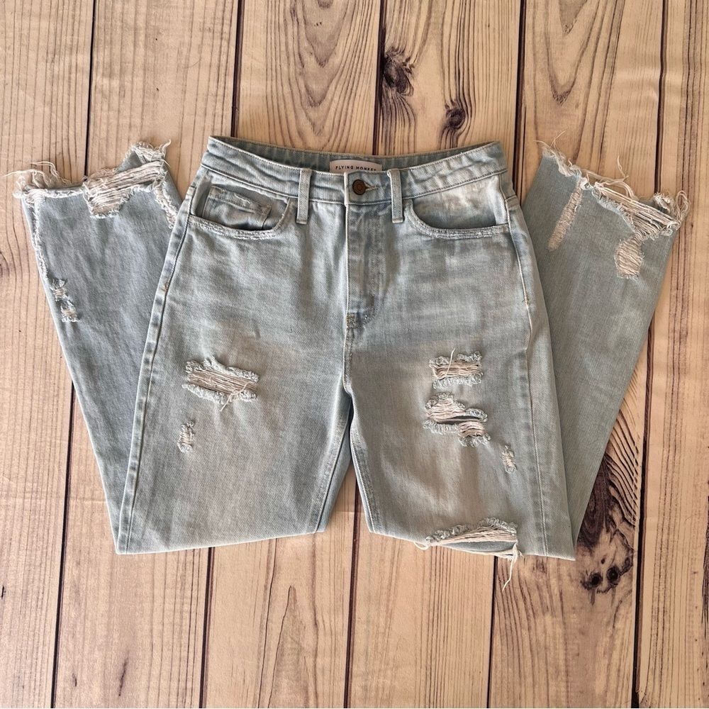 Flying Monkey Light Wash Distressed High Rise Straight Leg Jeans
